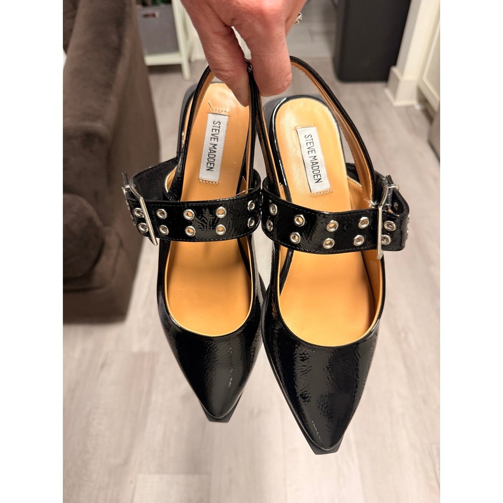 Steve Madden Black Pointed Toe Slingback Flats with Studded Strap - Picture 5 of 5